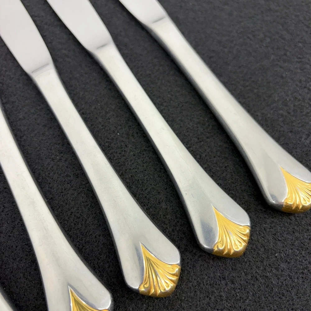 Set of‎ 7 Yamazaki Cara Gold Accent Stainless Table Knives Dining Flatware Japan